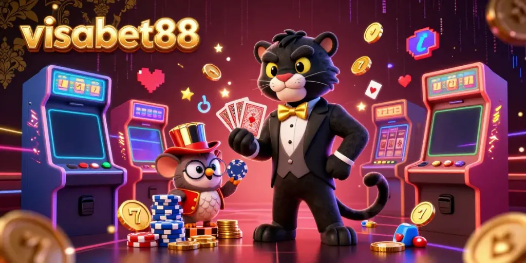 Experience the excitement of winning at visabet88 with a stylish black panther, an owl, and a lucky mouse in a vibrant casino.