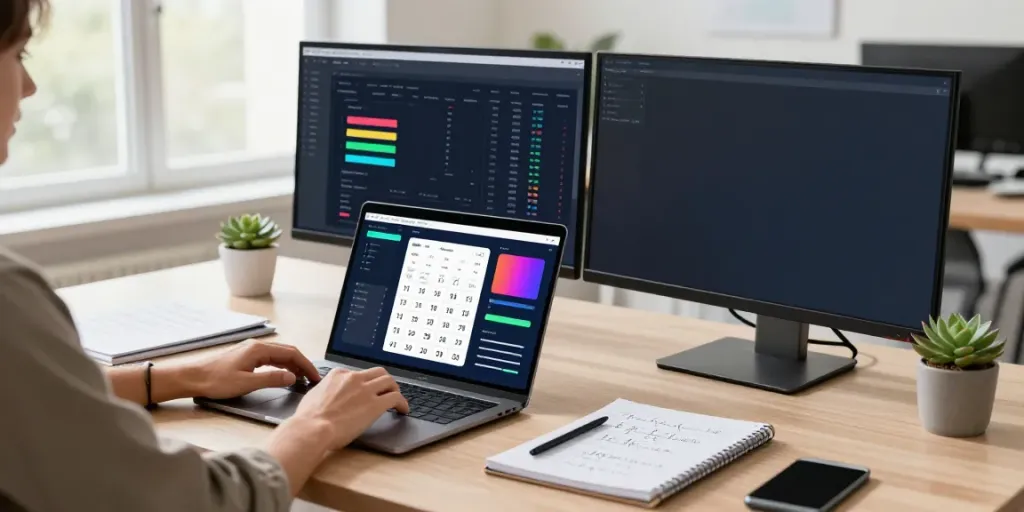 Calculator Online user analyzing data on dual monitors in a bright workspace