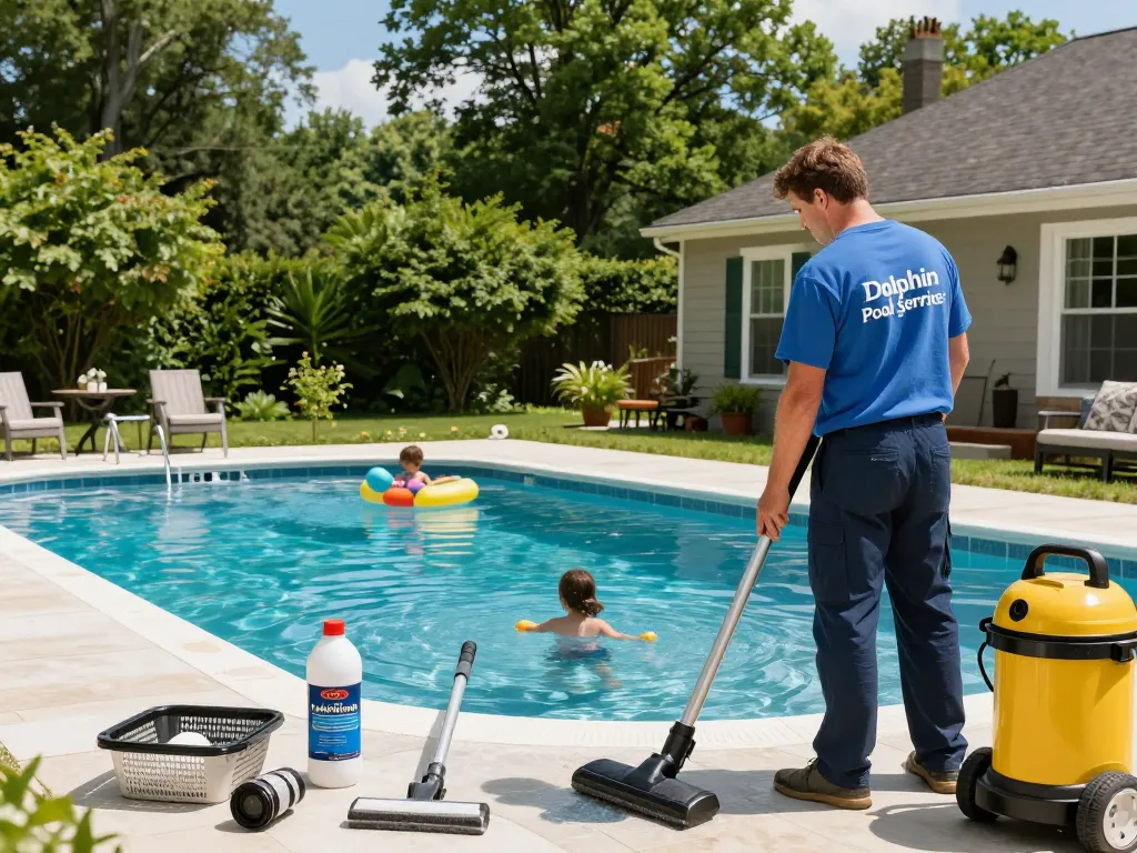 Dolphin Pool Services technician testing pool water chemistry in a family-friendly backyard setting.