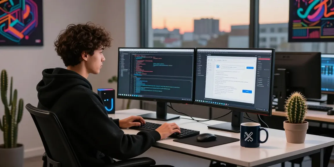 Cika4D software development scene with developer coding at multiple monitors in a tech workspace