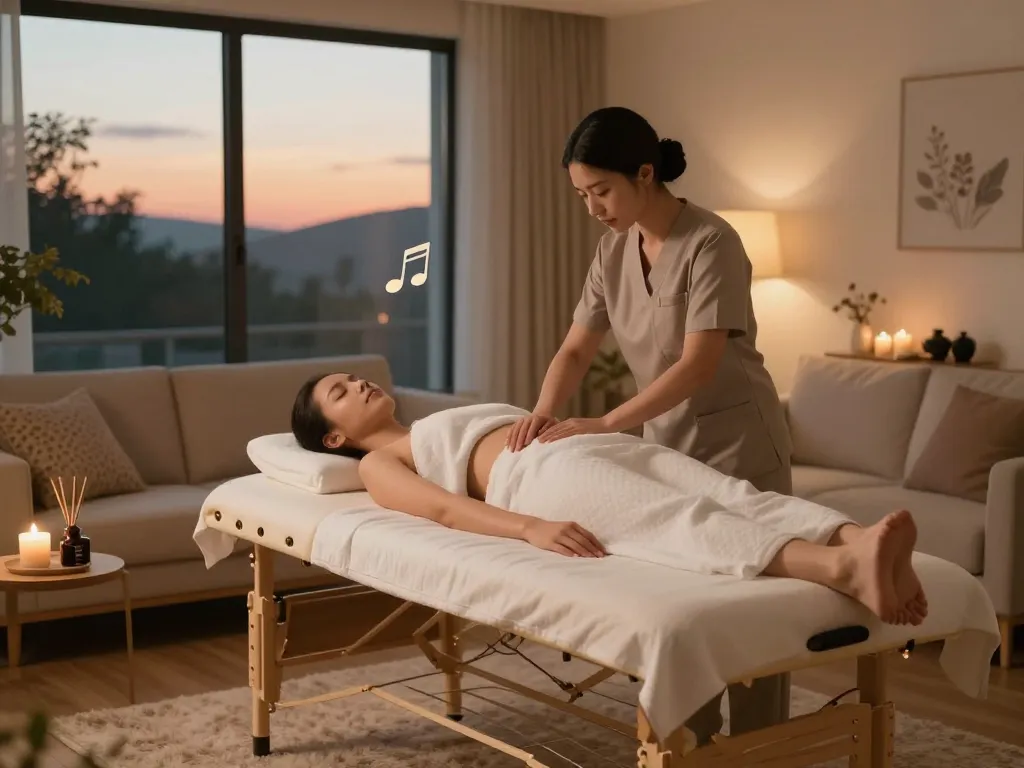 Relaxation during 출장마사지 in a cozy home setting with calming elements.