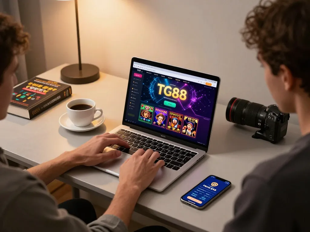 Engaged player exploring TG88 casino games on a laptop in a modern home setup.