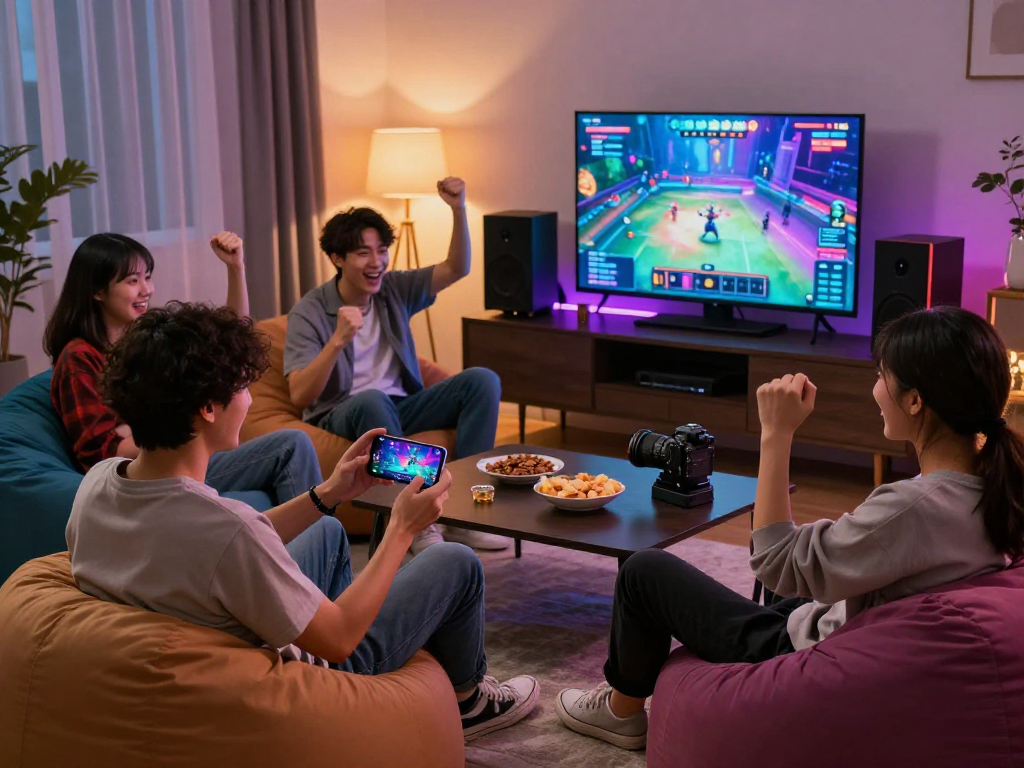 Engaged gamers enjoying gameplay with slot88 apk on smartphone surrounded by snacks in cozy living room.