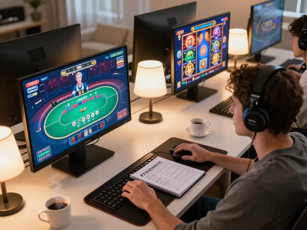 Player engaging with sites not on gamstop on multiple screens in a cozy home gaming setup