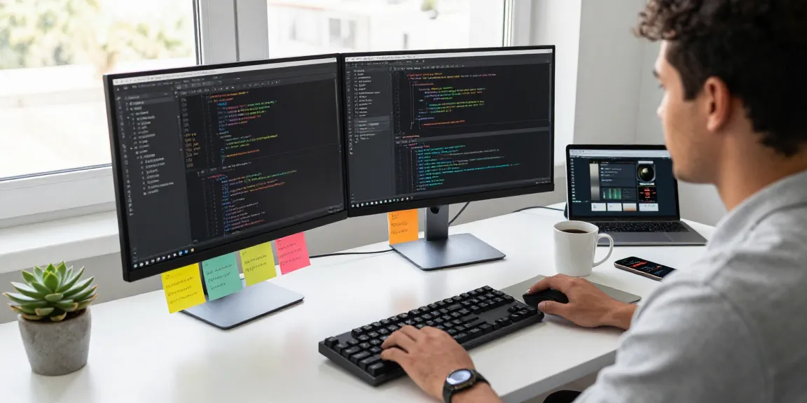 Developer using 截图软件 on dual monitors in a modern office.