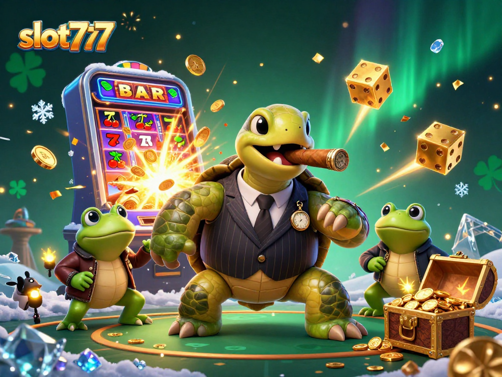 Engage with thrilling slot777 action in this vibrant casino illustration featuring a snapping turtle mobster.