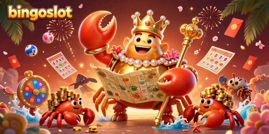 Permainan bingoslot yang penuh warna dengan karakter kartun kepiting emas dan elemen bingo menarik.