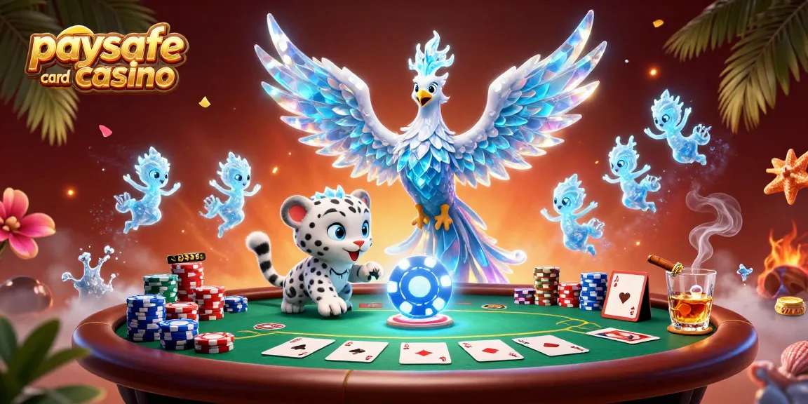Erleben Sie den Nervenkitzel in einem Paysafe Card Casino mit bunten Poker-Elementen und lebhaften Charakteren.