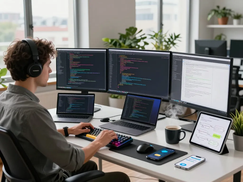 Developer using Moltbot AI in a modern workspace with dual monitors and coding screens.