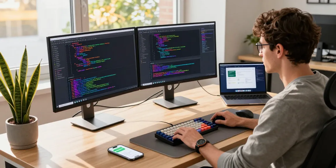 Modern software developer's workspace showcasing 纸飞机中文版官网 features and coding tools.