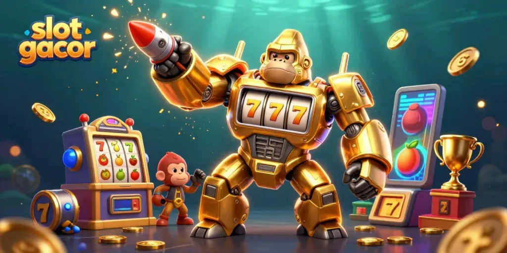 Experience vibrant gaming action with slot gacor featuring a golden gorilla mech and dynamic symbols.