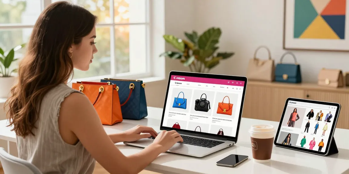 Stylish woman exploring 레플리카 fashion online shopping on a laptop at a modern desk.