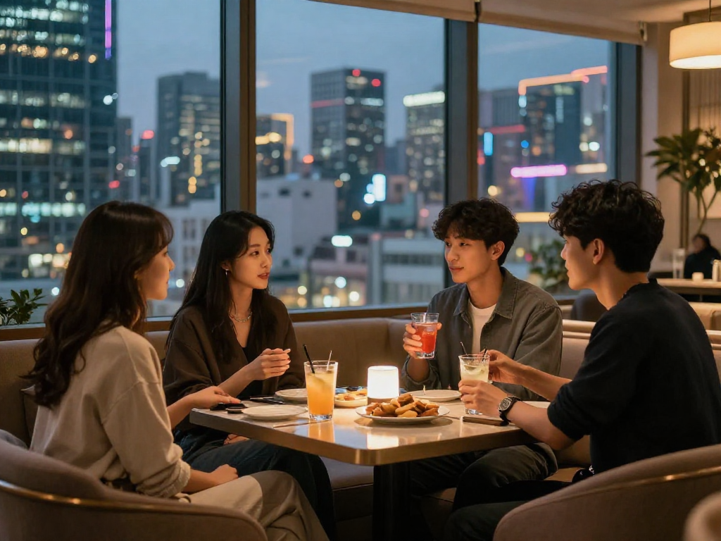 강남쩜오에서 즐겁게 대화하는 젊은이들이 있는 세련된 라운지 모습