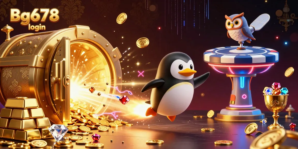 Experience Bg678 login action as a golden penguin blasts to a casino station full of treasure.