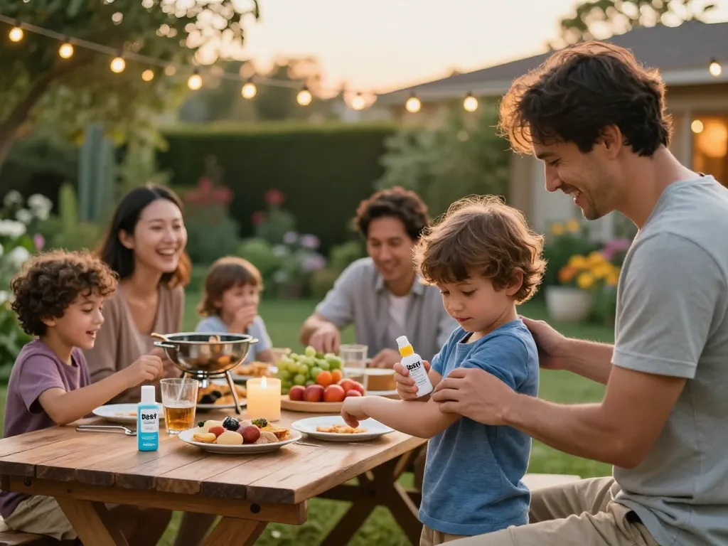 Family enjoying outdoor barbecue while using the Best Mosquito Repellent for effective summer protection.
