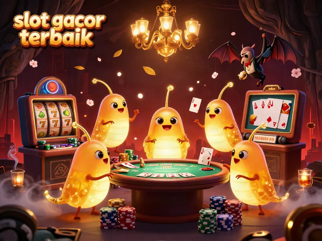Gambarkan slot gacor terbaik dengan karakter kartun glowworms yang menerangi kasino gua