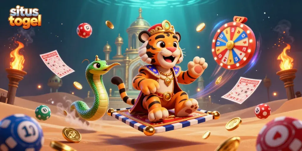 Engage with situs togel through a vibrant 3D illustration of a cartoon tiger sultan and magical lottery elements.