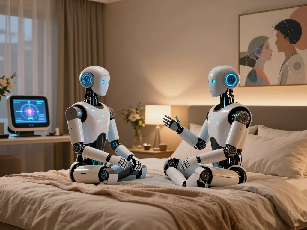 Humanoid robots in a modern bedroom exploring ai sex with interactive conversation and warm ambiance.