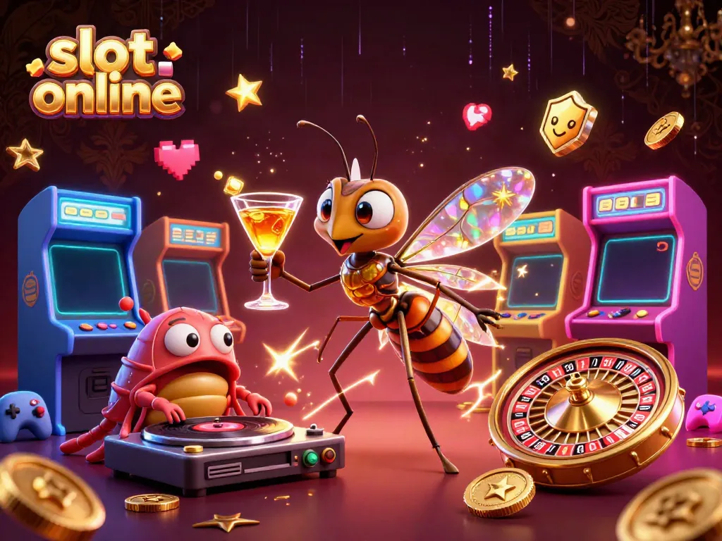 Engage with slot online excitement through a 3D illustration of casino-themed characters and vibrant gaming elements.