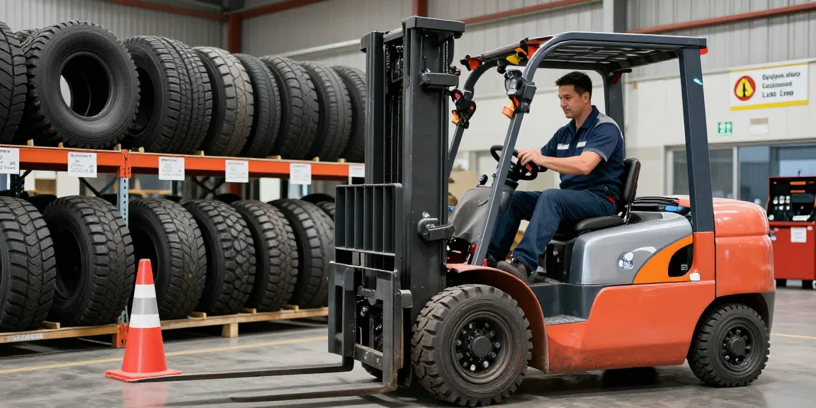Premium forklift tyres for sale displayed in a busy warehouse, showcasing solid, pneumatic, and polyurethane options.