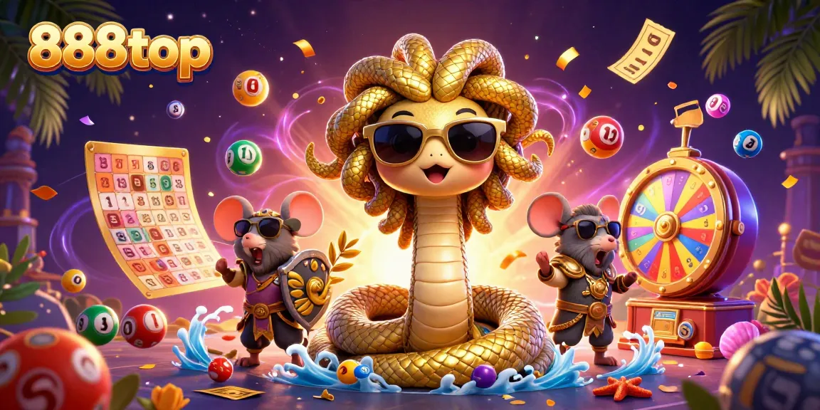 Engage with 888top's thrilling games showcased in a vibrant scene full of lottery elements and playful characters.