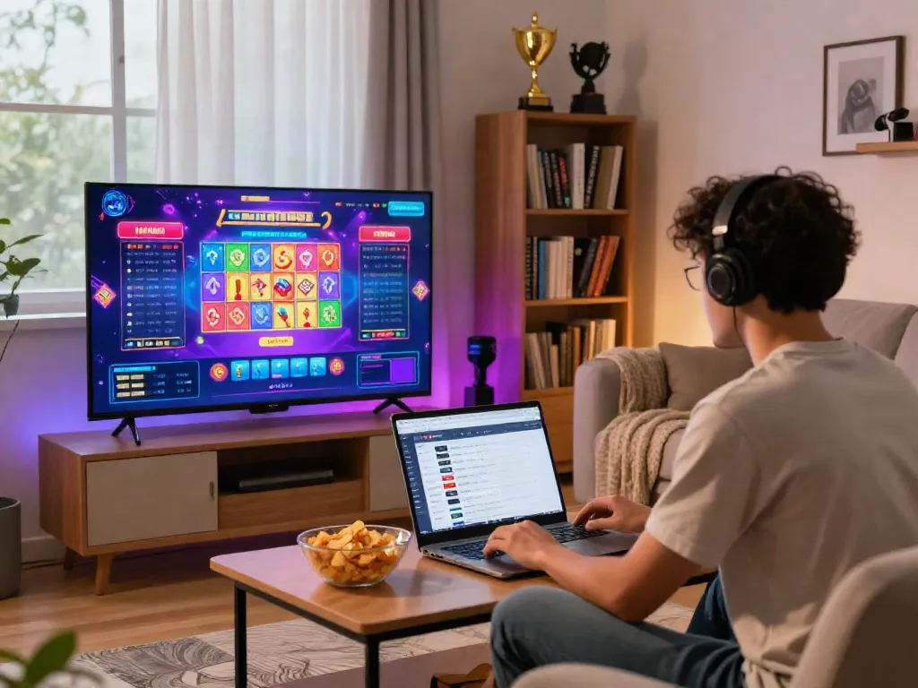 Pengguna bermain di situs https://totobet.net/ dengan suasana bermain yang ceria di ruang tamu.