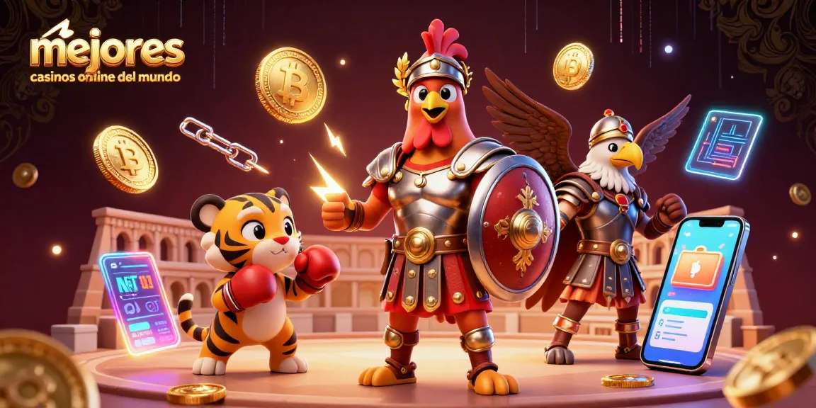 Ilustración 3D de un gallo gladiador y un tigre en un casino online, destacando los mejores casinos online del mundo