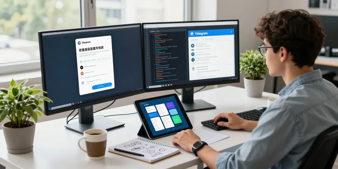 Telegram messaging app development scene at 纸飞机中文版官网 workspace with code and design elements.
