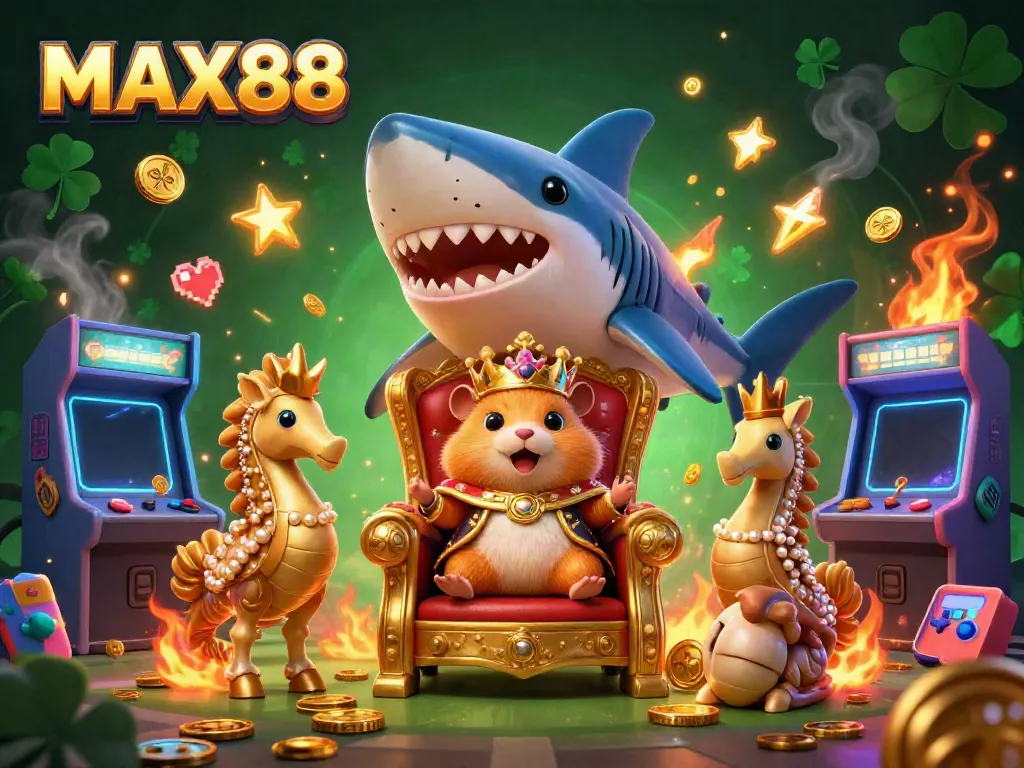Experience the thrill of MAX88 with a cartoon scene featuring a hamster king and gaming delights.