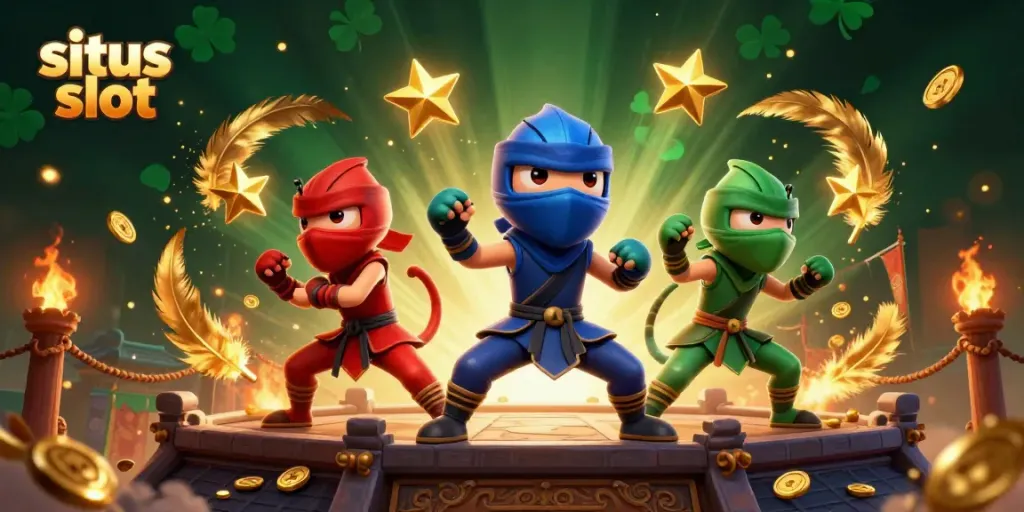 Gambaran karakter chameleon ninja dalam situs slot, beraksi bersama dengan simbol keberuntungan.
