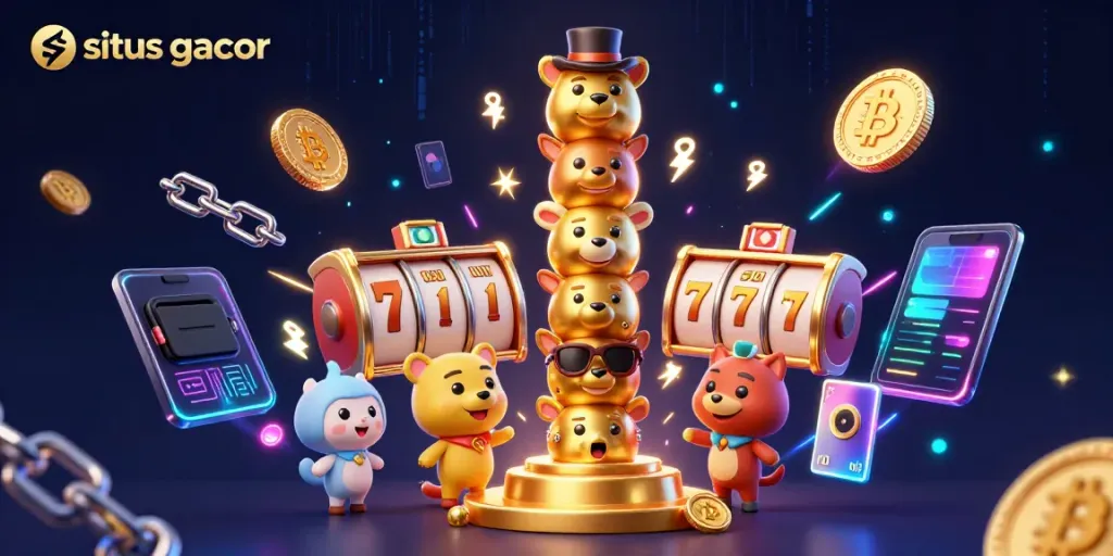 Engage in situs gacor gaming adventures with a lively 3D totem character surrounded by slots and crypto elements.