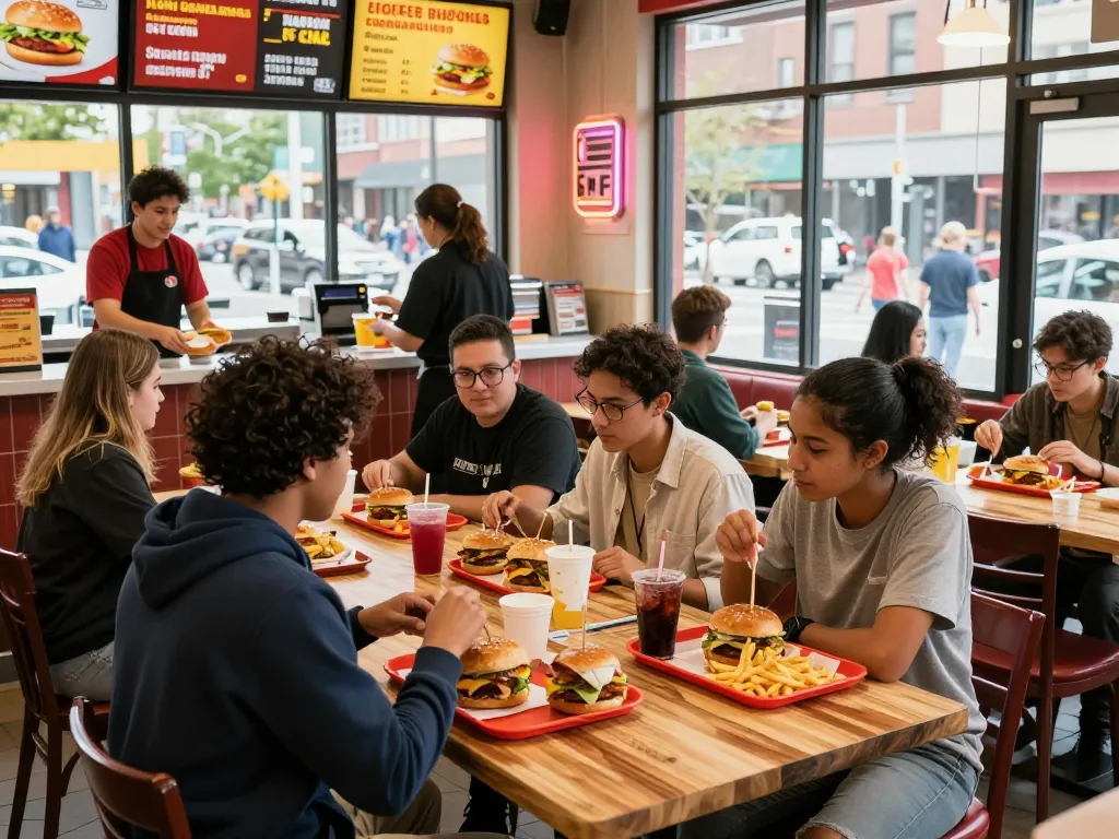 Group enjoying fast food meals highlighting fast food prices and vibrant atmosphere in a bustling restaurant.