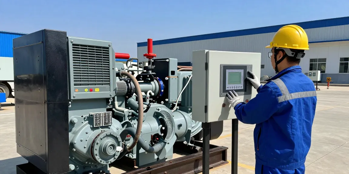 Diesel generators in operation with technician monitoring performance in an industrial setting.