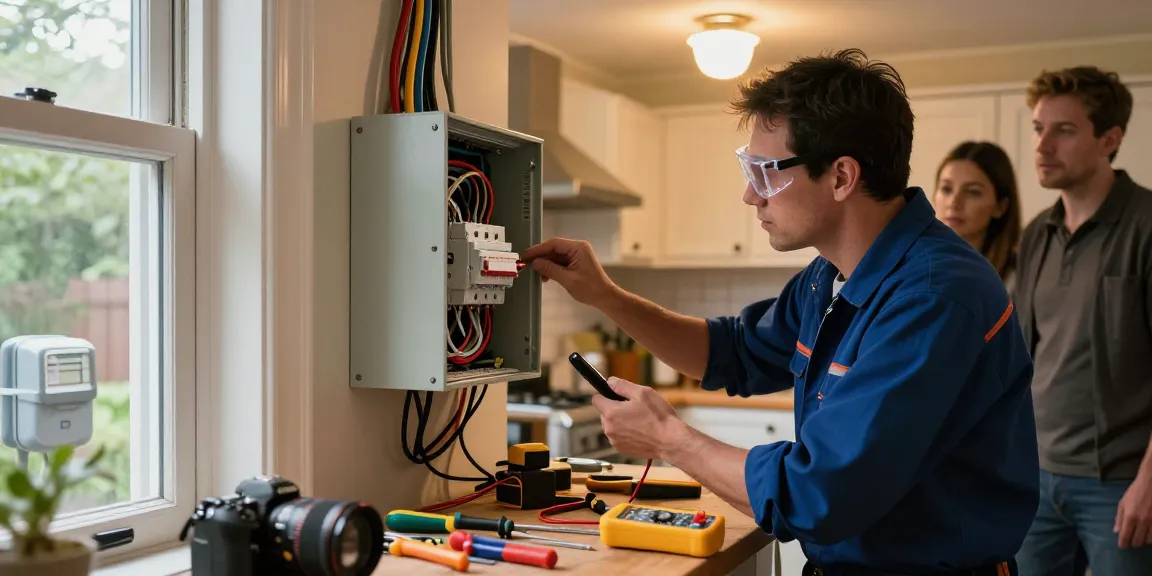 Urgent electrical service guide from expert electrician inspecting circuit panel during power issues at home