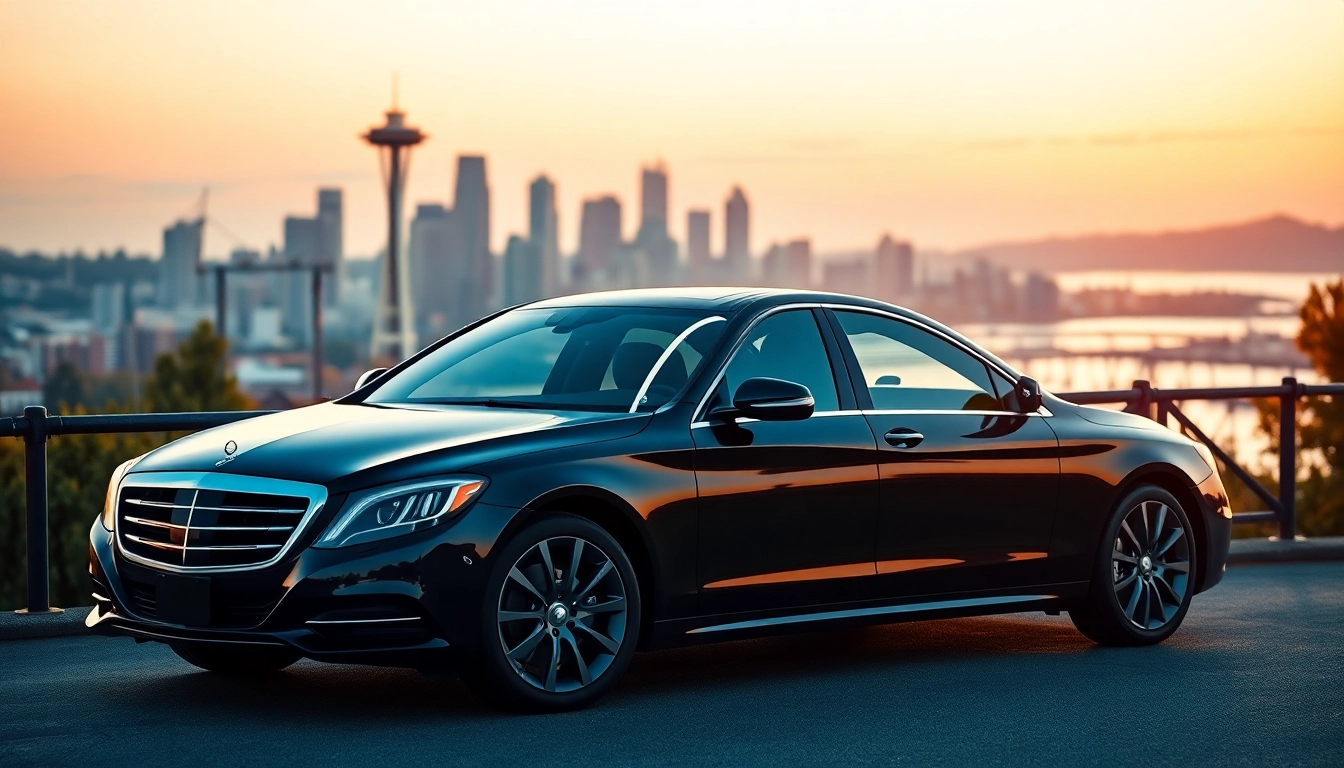 Experience a premium seattle to vancouver car service with a luxury sedan at a scenic Seattle viewpoint.