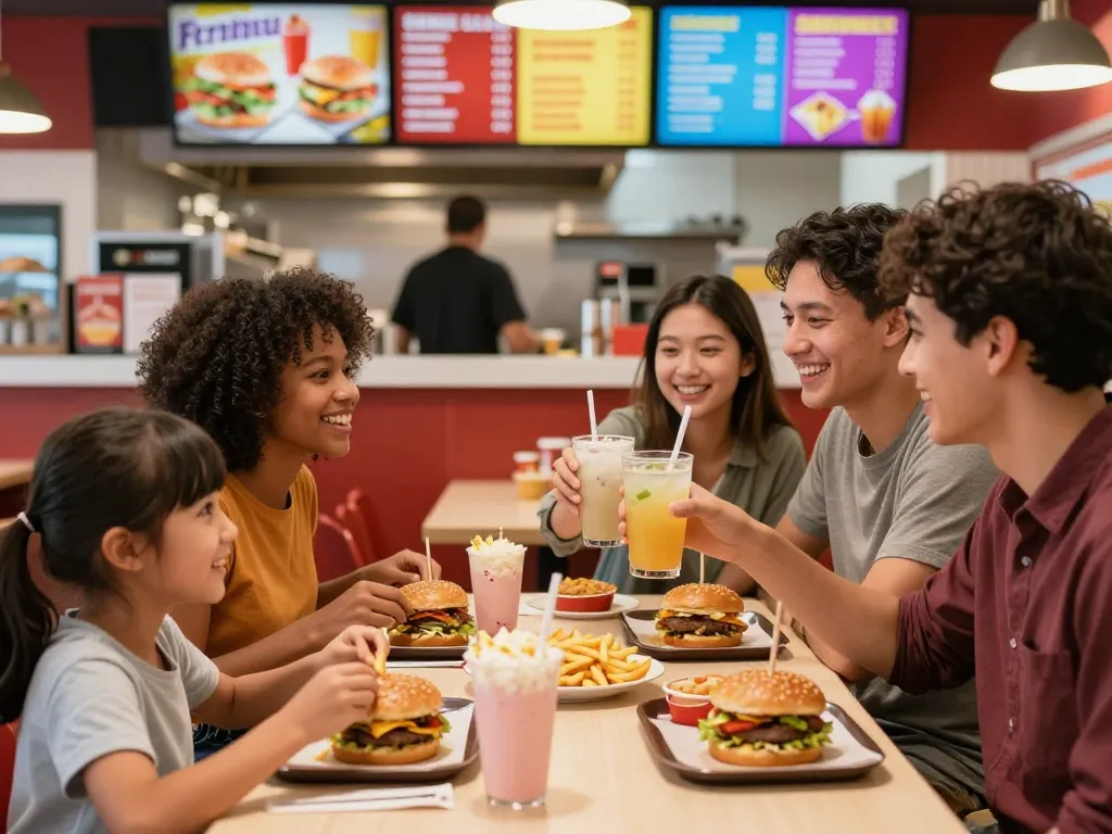 Families enjoying fast food prices together in a lively restaurant atmosphere.