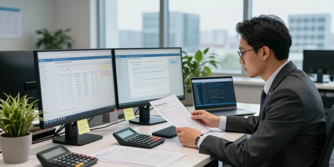 Detect fraud invoice in a modern office scene with a compliance analyst reviewing digital invoices and data analytics, emphasizing the need for accurate verification.