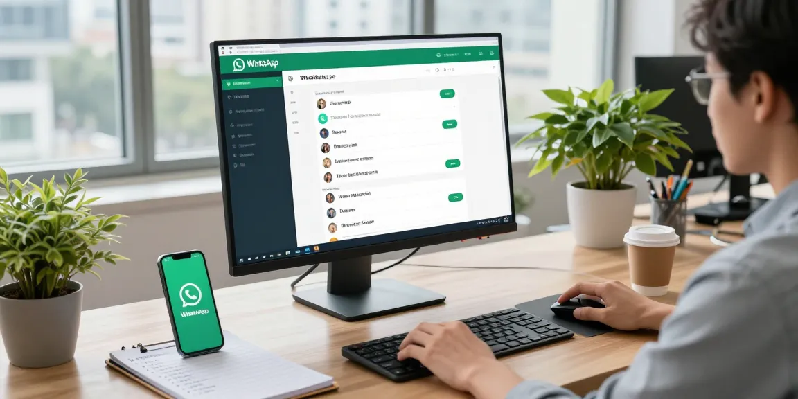 Using WhatsApp網頁版 in a modern workspace with a sleek monitor, notepad, and coffee cup.