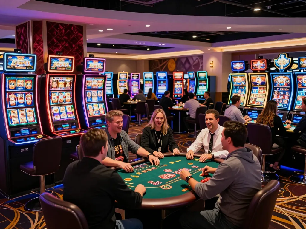 Players celebrating big wins at colorful slot machines with tx88 excitement at the casino.