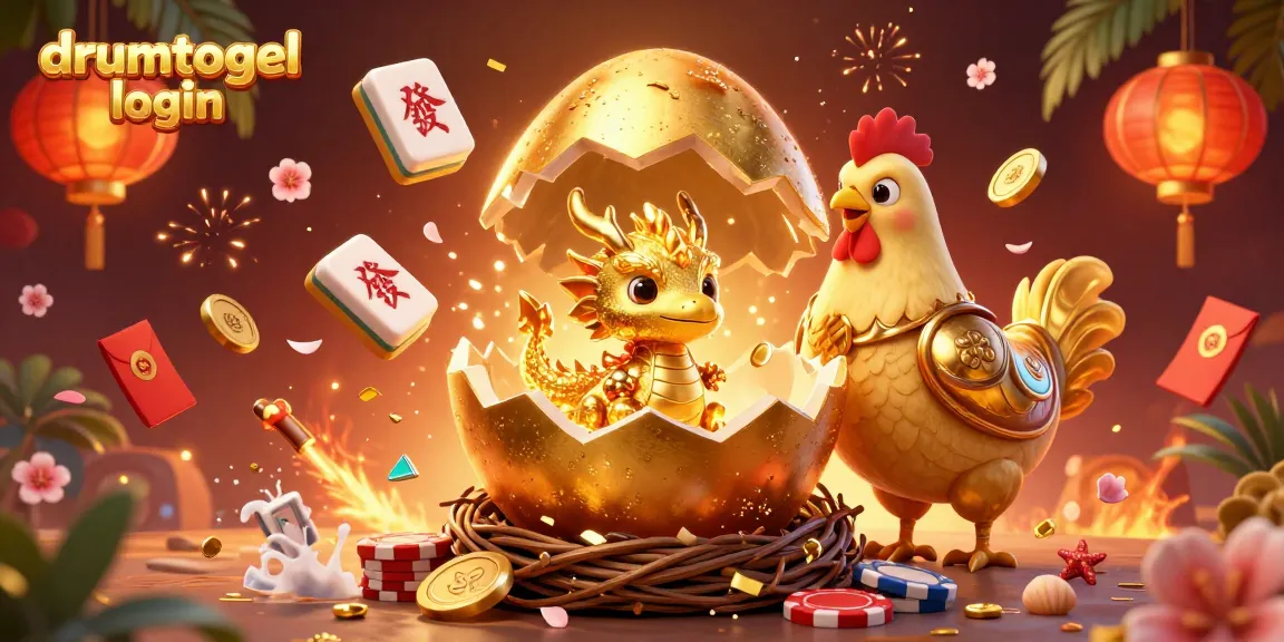 Gambar ilustrasi 3D drumtogel login menunjukkan telur emas yang terbuka dan naga emas di atas chip poker.