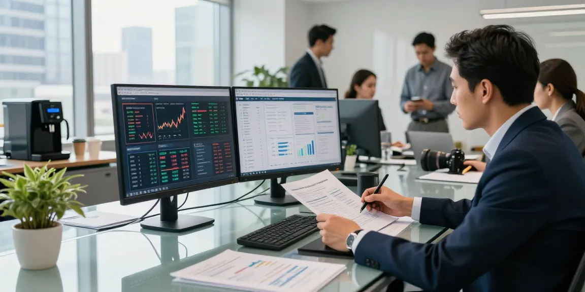 In a modern office, professionals analyze financial crime intelligence data on screens while collaborating.