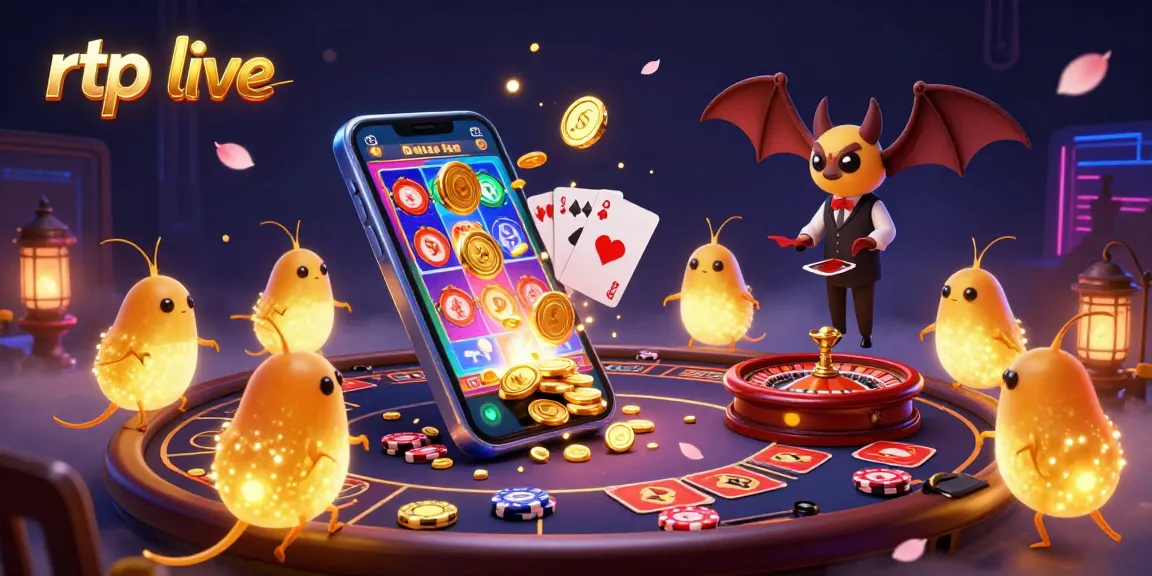 Experience rtp live with an illuminated casino scene showcasing games, vibrant characters, and dynamic elements.