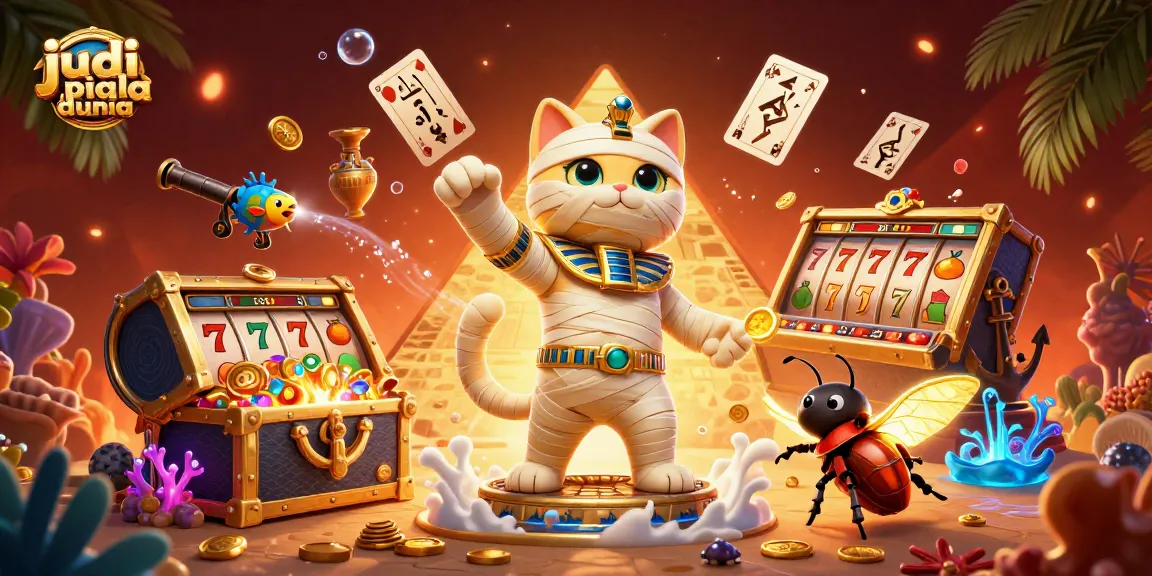 Engage in judi piala dunia with our dynamic casino illustration featuring a mummy cat and vibrant gaming elements.