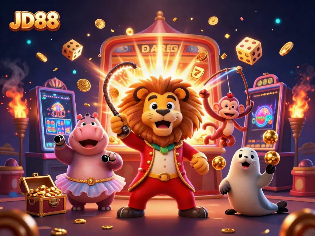 Experience excitement at JD88 with a vibrant circus-themed 3D casino scene filled with fun characters and dynamic game elements.