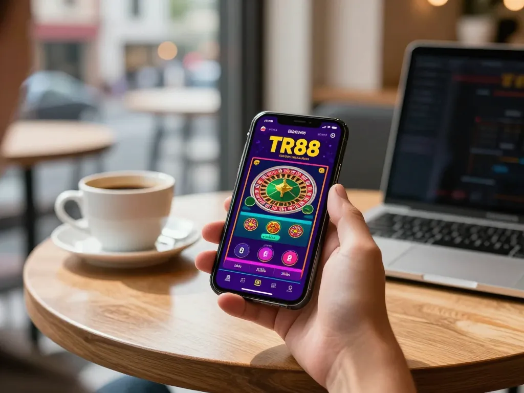 Engaging in mobile gaming with the TR88 casino app at a trendy cafe, showcasing vibrant UX on smartphone