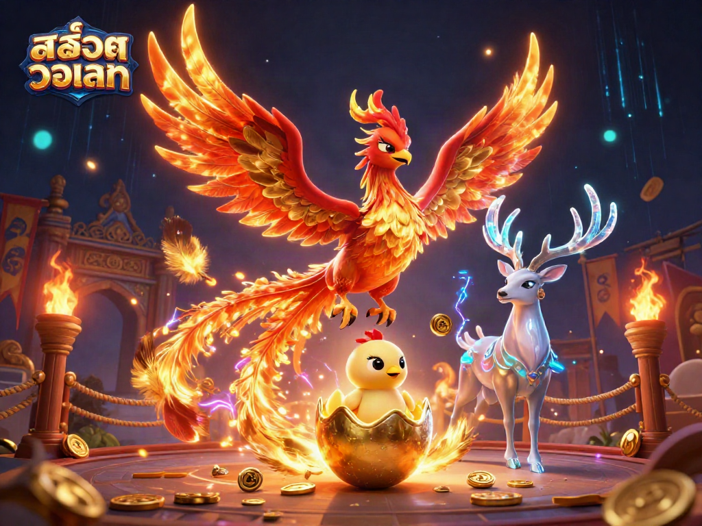 Engage with สล็อตวอเลท in this dynamic scene featuring phoenix characters amidst vibrant casino elements.