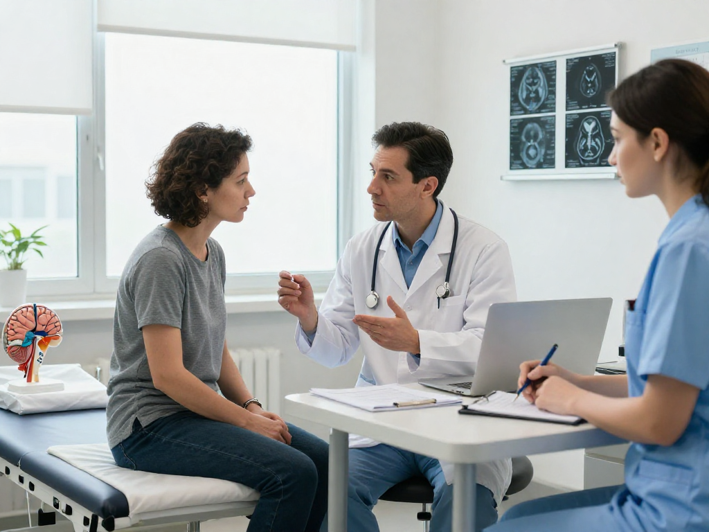 Beyin tümörü ameliyatı consultation showing a neurosurgeon and patient discussing treatment options in a hospital.