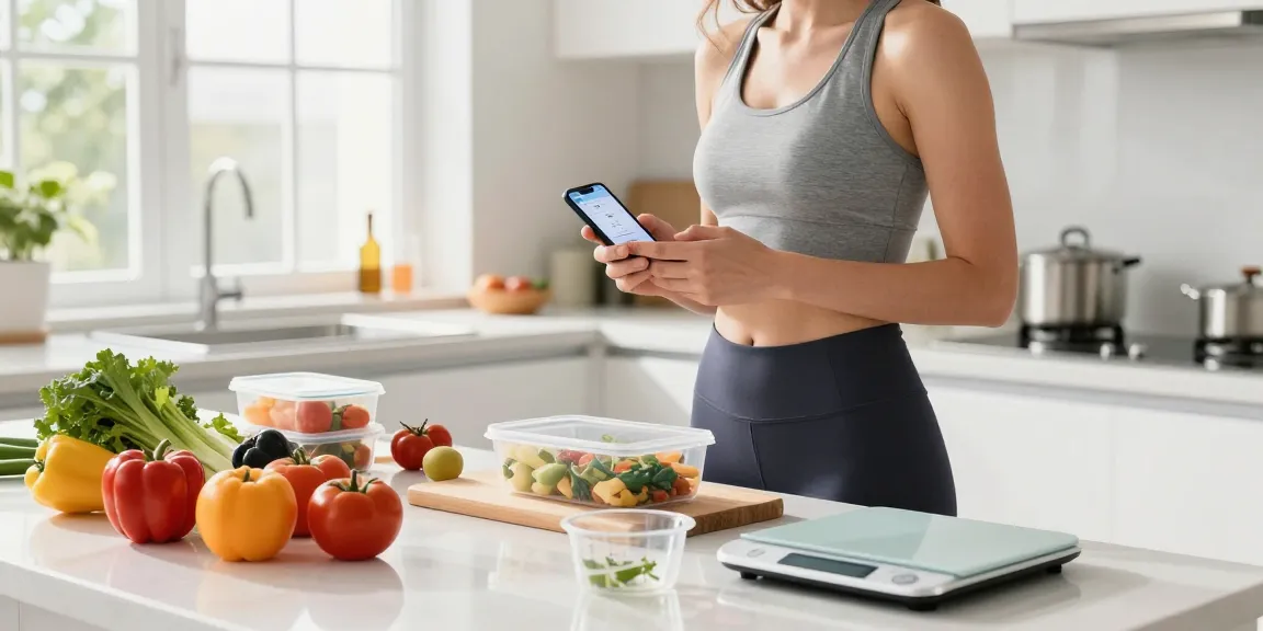 Person using the best AI calorie tracker app to plan healthy meals in a bright kitchen.