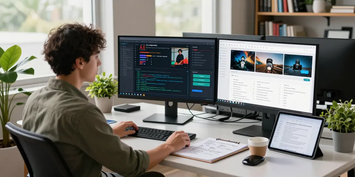 AI image detector user analyzing results on multiple monitors, utilizing a free ai detector tool in a modern office.