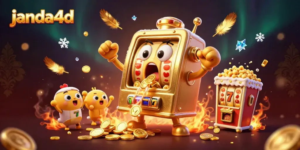 Mesin slot janda4d memutar jackpot dengan kerumunan mesin slot kecil merayakan kemenangannya.